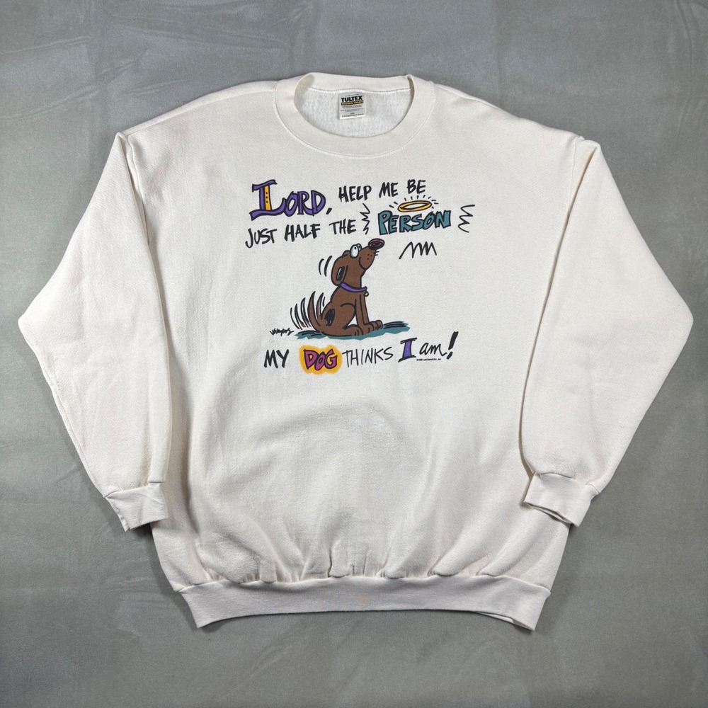 Vintage 1996 Tultex Dog Graphic Sweatshirt‎ Mens 2XL White Made in USA 90s Humor